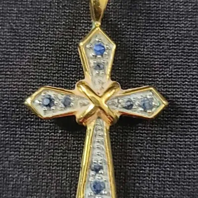 18K Gold Blue Gemstone Cross Pendant
