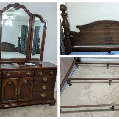 Lexington Cherry Series 490 Dresser with Tri-Fold Mirror, King Headboard & Bed Frame