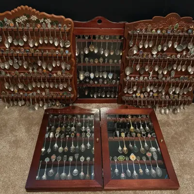 Extensive Souvenir Spoon Collection with Display Cases, Travel, Landmark & Commemorative Spoons