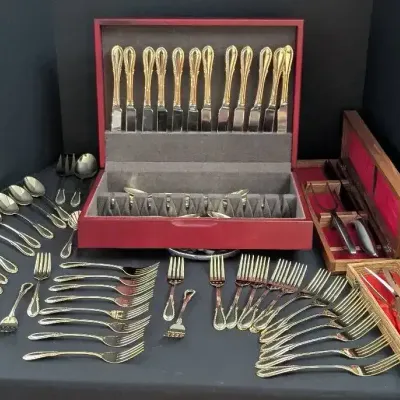 Farberware Flatware Service with Wooden Storage Chest & Carving Sets
