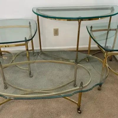 Set of Four Hollywood Regency Brass & Glass Accent Tables