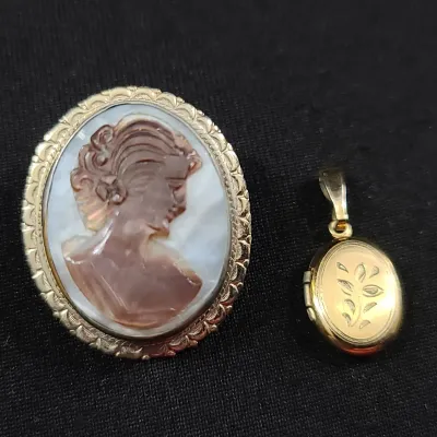 14K Gold Filled Locket & 12K Gold Filled Cameo Pendant 