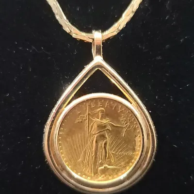 14K Gold Coin Pendant On Chain Necklace 