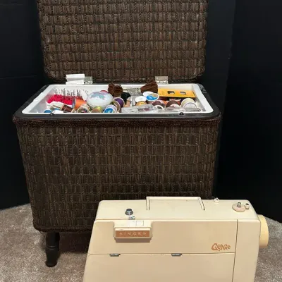 Vintage Singer Genie Sewing Machine & Redmon Wicker Sewing Chest