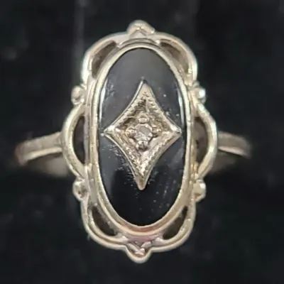 10K Gold Black Stone & Diamond Ring