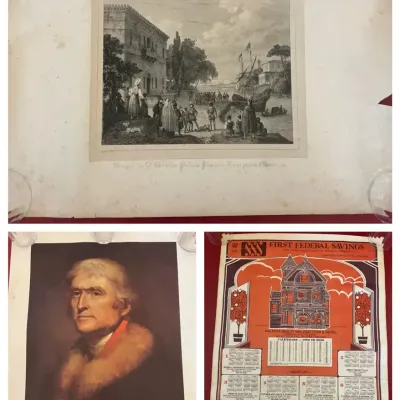 Vintage Print Trio: Brenta Engraving, Thomas Jefferson Portrait & Palatka Calendar