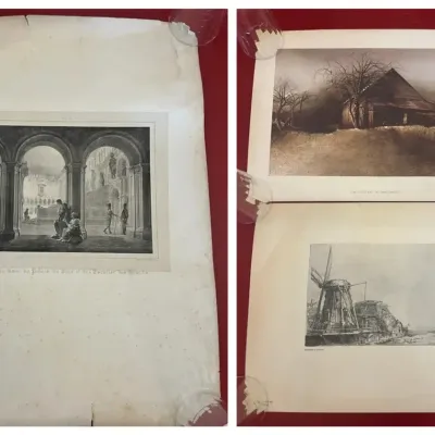 Vintage Print Collection Including French Engraving, Hubert Shuptrine & Dutch Windmill Etching