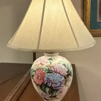 Hand-Painted Porcelain & Brass Table Lamp with Silk Shade