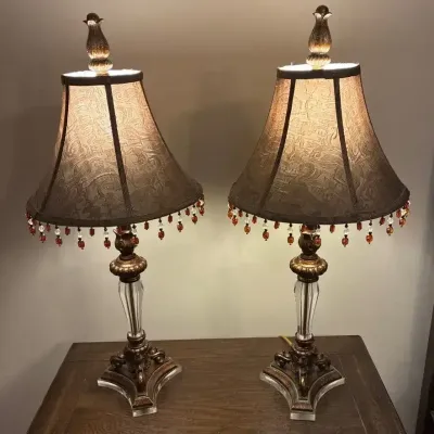 Pair of Bronze-Finish Table Lamps with Crystal Columns