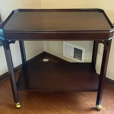 Classic Dark Wood Tea Cart with Brass Casters & Lower Shelf