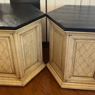 Pair of Hexagonal End Tables with Black Marble Tops & Cabinet Storage