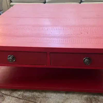 Red Painted Coffee Table with Drawers & Shelf