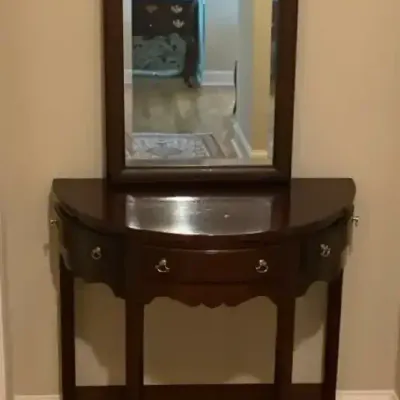 Dark Wood Console Table & Beveled Mirror
