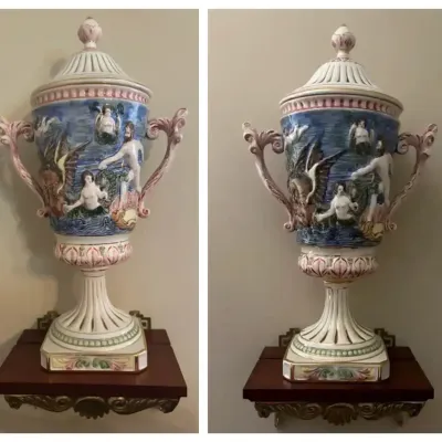 Matching Capodimonte Porcelain Urns with Wall Stands