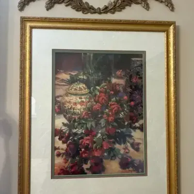 Gold-Tone Framed Nancy Lund Floral Print with Decorative Wall Accent