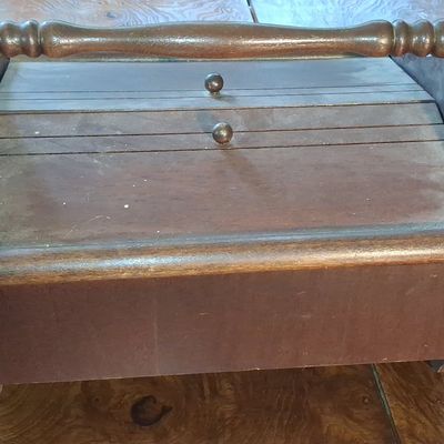 Sale Photo Thumbnail #746: Vintage Wooden Sewing Caddy with Spindle Handle and Double Hinged Lids