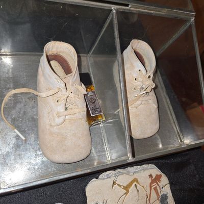 Sale Photo Thumbnail #616: Vintage White Leather Baby Shoes with "Spiritual Sky" Coconut Scented Oil