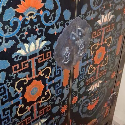 Vintage Chinese Export Black Lacquer Cabinet with Polychrome Floral Motifs