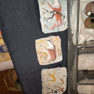 Sale Photo Thumbnail #704: Vintage Hand-Painted Stone Wall Plaques - Desert Antelope Hunt Scene