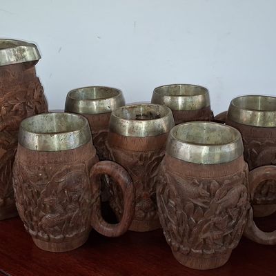 Sale Photo Thumbnail #325: Vintage Carved Wood and Metal Tiki Beverage Set