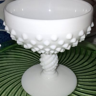 Sale Photo Thumbnail #832: Fenton Milk Glass Hobnail Compote with Twisted Stem