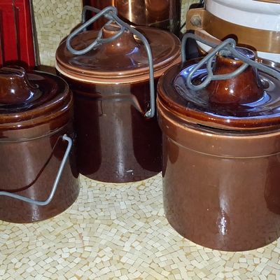 Sale Photo Thumbnail #687: Vintage Brown Glazed Stoneware Cheese/Butter Crocks with Wire Bails