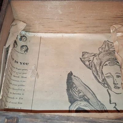 Sale Photo Thumbnail #511: Vintage Wooden Tea Crate with Ephemera Lining