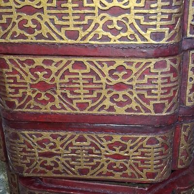 Sale Photo Thumbnail #134: Antique Chinese Red Lacquered Wedding Dowry Stacking Boxes