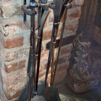 Sale Photo Thumbnail #290: Vintage Hand-Forged Wrought Iron Fireplace Tool Set with Floral/Leaf Motifs