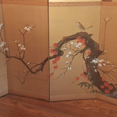 Sale Photo Thumbnail #9: Japanese Byobu Four-Panel Folding Screen with Plum Blossoms and Bird