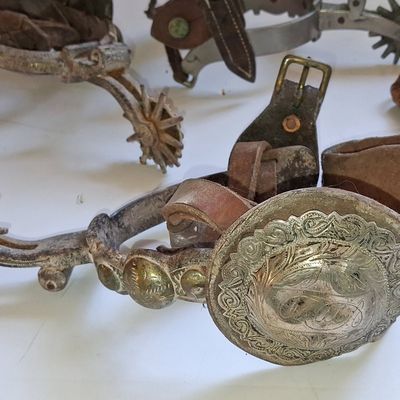 Collection of Vintage Western Spurs and Leather Quirt, including California Style