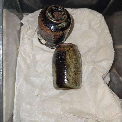 Sale Photo Thumbnail #582: Pair of Japanese Bizen Ware Tokkuri Sake Bottles