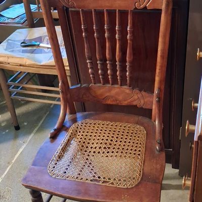 Sale Photo Thumbnail #479: Victorian Era Oak Press-Back Spindle Chair with Cane Seat