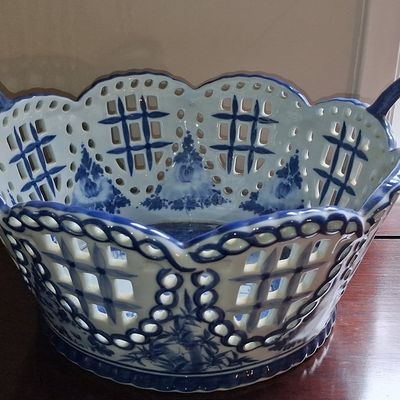 Sale Photo Thumbnail #588: Hand Painted Blue and White Reticulated Fruit Bowl with Crane Motif