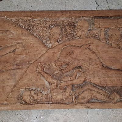 Sale Photo Thumbnail #640: Hand-Carved Wooden Relief Plaque - Allegory of Sport