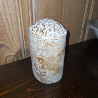 Sale Photo Thumbnail #864: Vintage Hand Carved Soft Wood Wooden Cylinder Jar with Lid