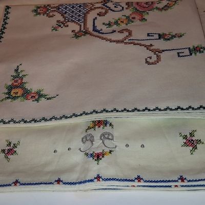 Sale Photo Thumbnail #763: Vintage Hand-Embroidered Cross-Stitch Cotton Tablecloth and Napkins Set