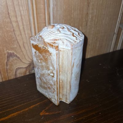 Sale Photo Thumbnail #865: Vintage Hand Carved Soft Wood Wooden Cylinder Jar with Lid
