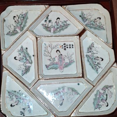 Sale Photo Thumbnail #174: Chinese Famille Rose Nine-Piece Sweet Meat Set in Wooden Box