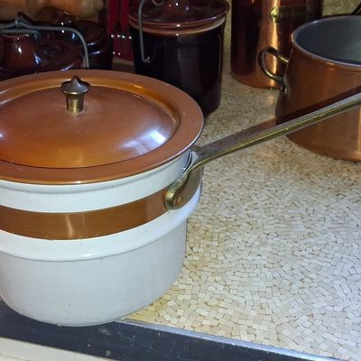 Sale Photo Thumbnail #569: Vintage Double Boiler Pot with Copper Band and Brass Handle