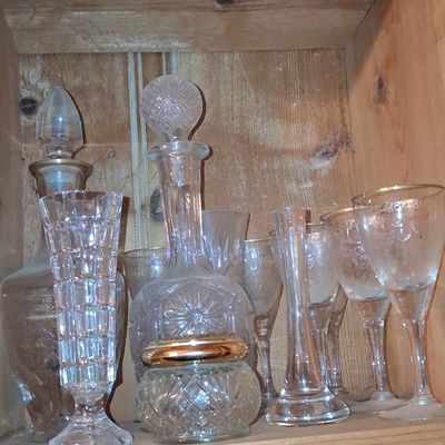Sale Photo Thumbnail #129: Assorted Vintage Cut Glass Decanters and Stemware