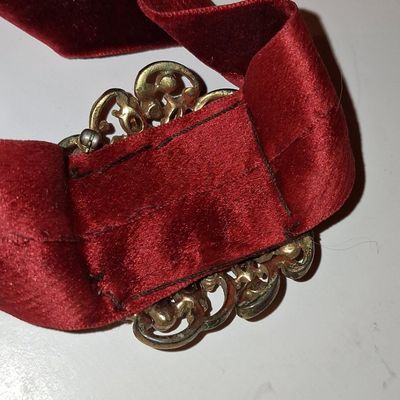 Sale Photo Thumbnail #623: Vintage Filigree Brooch with Red Glass Stones on Velvet Ribbon Choker