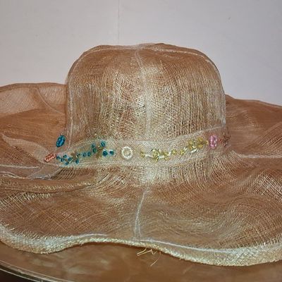 Sale Photo Thumbnail #841: Vintage Wide-Brimmed Straw Sun Hat with Ribbon and Bead Embroidery