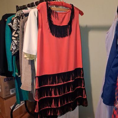 Sale Photo Thumbnail #824: Vintage-Inspired Coral Flapper Dress with Black Fringe