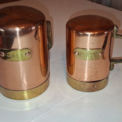 Sale Photo Thumbnail #818: Vintage Copper and Brass Salt and Pepper Shakers