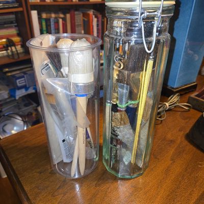 Sale Photo Thumbnail #702: Vintage Artist Brush Collection in Glass Storage Jars