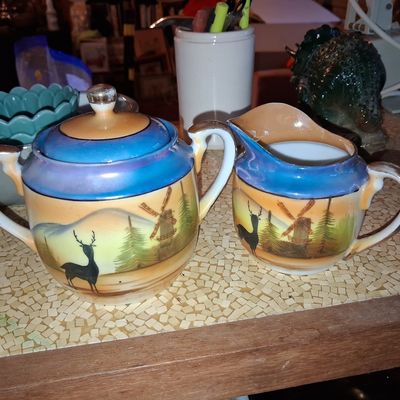 Sale Photo Thumbnail #792: Vintage Hand Painted Nippon Sugar and Creamer Set with Windmill and Deer Motif