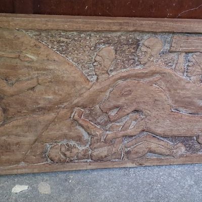 Sale Photo Thumbnail #637: Hand-Carved Wooden Relief Plaque - Allegory of Sport