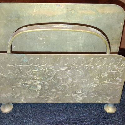 Sale Photo Thumbnail #674: Vintage Etched Brass Letter Holder with Handle, Made in India