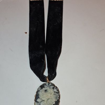 Sale Photo Thumbnail #996: Vintage Black Velvet Choker Necklace with Floral Cameo Pendant